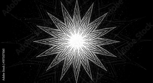 Radiant white starburst explosion with intricate geometric patterns, glowing light effect, and dynamic energy on a dark background
