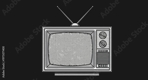 Classic retro television set with static noise on screen, old rabbit ear antenna, vintage broadcast signal, obsolete technology