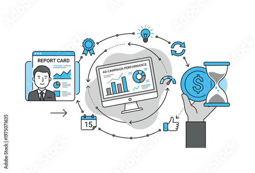 Digital marketing campaign performance analysis and reporting cycle illustration