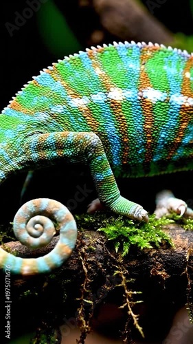 A vibrant chameleon with colorful textured skin rests on a mossy branch in the forest