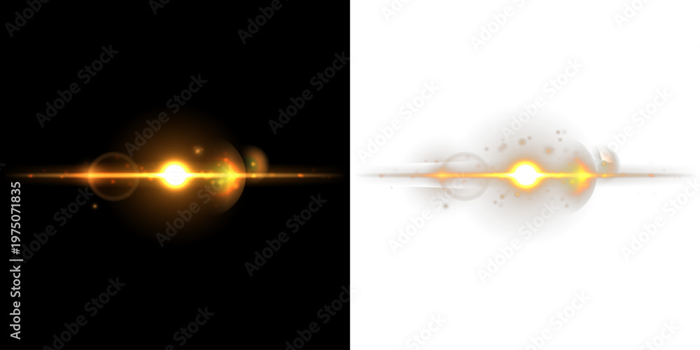 Obraz premium Golden Horizontal Sunlight Lens Flare with Bright Core Glow and Optical Light Effects on Transparent Background