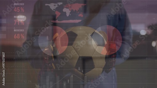 Animation of statistics and data processing over rugby player in sports stadium