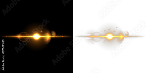 Golden Horizontal Sunlight Lens Flare with Bright Core Glow and Optical Light Effects on Transparent Background