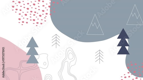 Animation of illustration of red snowfall, pine trees and abstract pattern