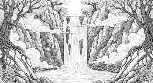 Fantasy Landscape Illustration with Cascading Waterfall, Floating Islands, and Ancient Trees. Intricate Black and White Ink Drawing.