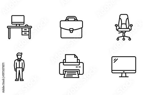 Office workspace and professional equipment icons set with desk chair printing devices swivel chair workspace equipment furniture