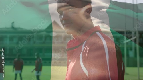 Animation of flag of peru over diverse rugby players at stadium