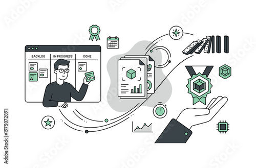 Agile project management with Kanban board and successful task completion icons