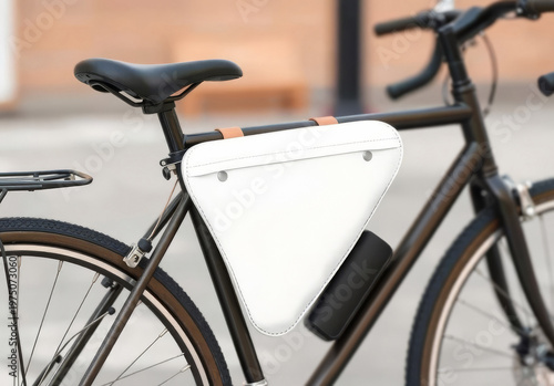 Blank white leather saddle bag under bicycle seat, ai generated. Empty triangle carry case on-bike for traveling mockup, blurred background. Clear trip ride package for bicycling template.