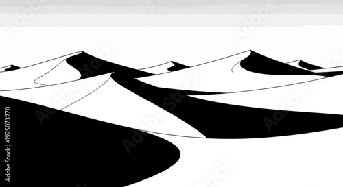 Minimalist black and white stylized desert landscape with rolling sand dunes. Abstract graphic illustration featuring strong contrast and clean lines.