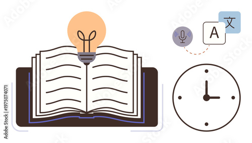 Education, knowledge sharing, language translation, innovation, time management, e-learning. Open book with a lightbulb above, a clock symbol and translation icons. Education and knowledge sharing