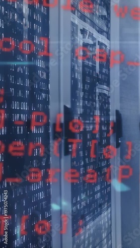 Vertical video: Red code rising over racks, causing camera pan as cyan sparks drifting to show data