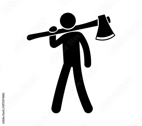 Stickman Holding Axe – Wood Cutting and Lumberjack Tool Silhouette Vector Icon.
