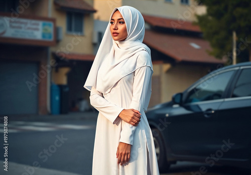 Woman wearing blank white hijab mockup, ai generated. Empty chiffon shawl or head-covering on female model, blurred street background. Religion headgear for person privacy template.