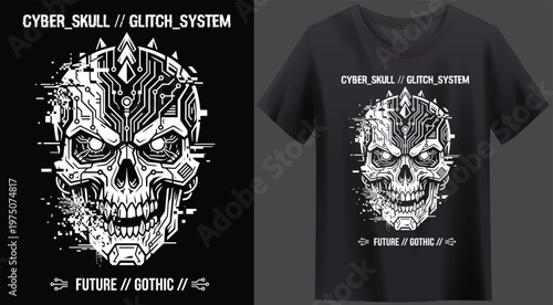Future gothic cyber skull t shirt design with glitch and circuit elements glitch system t shirt sci fi science fiction illustration clothing