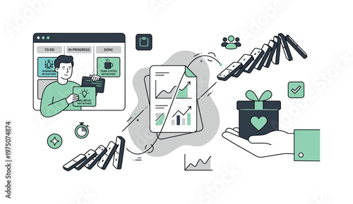 Business strategy and project management with domino effect and rewards