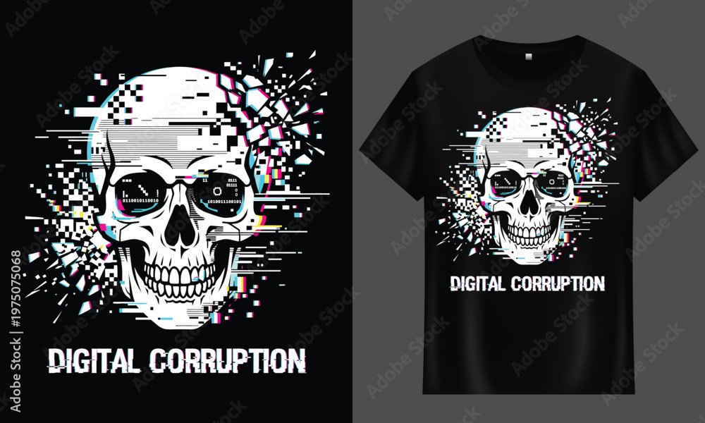 Fototapeta premium Digital corruption skull vector art with glitch effect for apparel t shirt illustration clothing futuristic computer skeleton template
