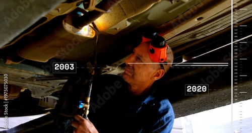 Auto mechanic lighting torch and heating exhaust for repair, timeline overlay tracking year markers