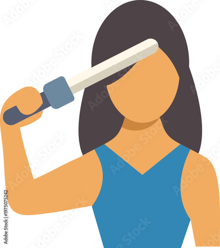 Woman styling her dark hair with a hair straightener, creating a sleek look