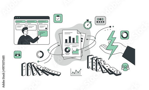Business strategy and project management with domino effect and lightning bolt