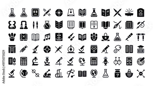 Set of 72 Black Education and Science Glyph Icons Vector