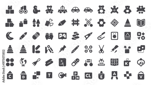 Set of 70 Black Kids Toys and Education Icons Vector