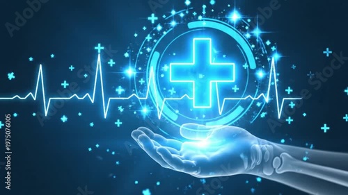 Futuristic medical concept with glowing blue cross symbol and digital heartbeat monitor in a human hand