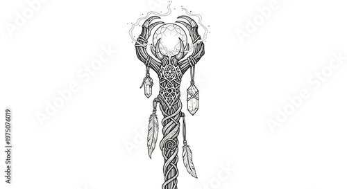 Detailed fantasy magic staff drawing with glowing orb, intricate design, crystals, and feathers, mystical spiritual illustration