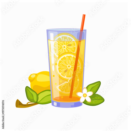 Lemonade drink with lemon slices in glass