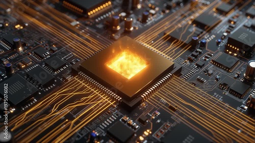 Motherboard Processor Chipset with Glowing Neural Data Transfer. Future AI Technology. Powerful Quantum CPU Artificial Intelligence.