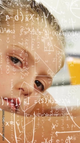 Vertical video: Cam dolly initiating close-up student leaning on desk math overlay showing thinking