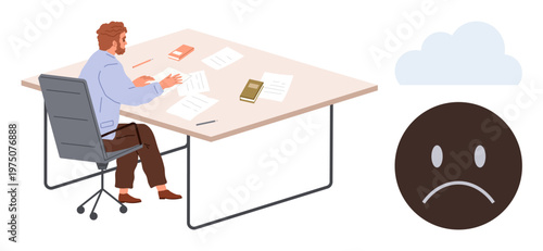 Stress, mental health, workplace challenges, burnout, productivity, emotions. Man sitting at a desk with documents, a cloud and a sad face icon. Stress and mental health issues