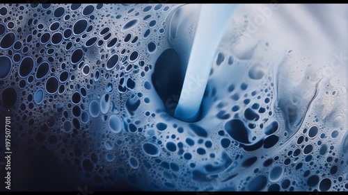 Foam background. Liquid soap bubbles. Soap foam structure over blue water. Macro, close-up. Cleaning, washing, laundry.