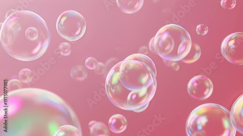 Iridescent Bubbles Floating on Gradient Pink Background. Bubbles Drifting in the Air. Spa, Wellness, Skincare, Beauty