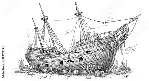 Detailed illustration of an old wooden shipwreck resting on the ocean floor, a sunken ghost ship concept in black and white.