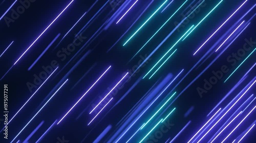 Diagonal gradient neon lights glowing background. Glass blue and ultraviolet lines. Neon particles of information flying geometric slide. Dark blue background. Retro Cyberpunk Motion Graphic