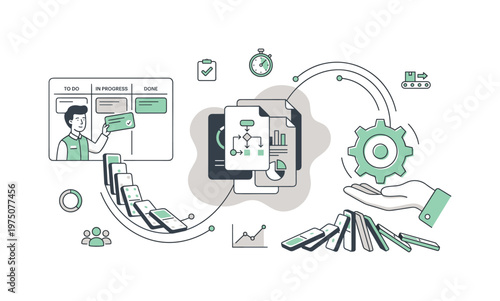 Agile project management workflow with Kanban board and domino effect