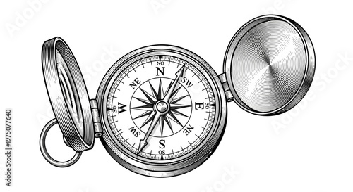Vintage Hand-Drawn Engraved Compass Illustration, Open Pocket Navigational Tool on White Background for Travel