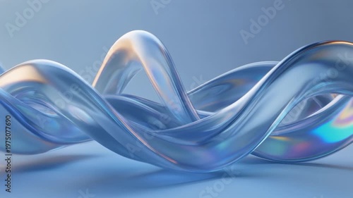 Abstract 3D Glass Wave in Motion. Refractive Blue Crystal Fluid Animation. Flowing, fluid, twisted shapes with a metallic and iridescent texture. Smooth elegant live wallpaper gradient.