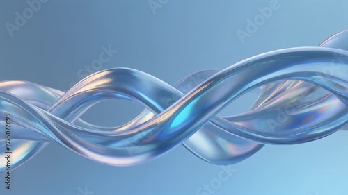 Abstract 3D Glass Wave in Motion. Refractive Blue Crystal Fluid Animation. Flowing, fluid, twisted shapes with a metallic and iridescent texture. Smooth elegant live wallpaper gradient.
