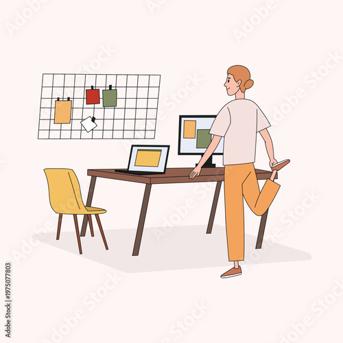 Woman starting work at home office with laptop and planning board