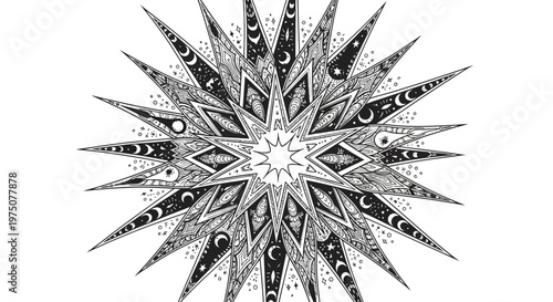 Mystical Celestial Starburst Illustration with Crescent Moons, Stars, and Intricate Patterns in Black and White Art