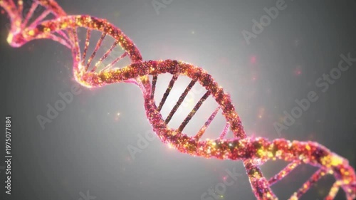 The DNA helix isolated on a dark gradient background. Genetic modified DNA molecule in glowing red light. Genetic science 3d animation. AI genetic engineering laboratory research