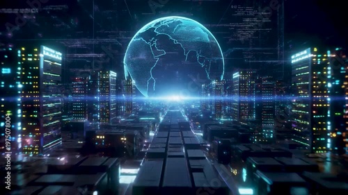 Digital world map earth animation. 3D abstract cyber city. Internet, data technology ,worldwide network, technology, big data, AI concept