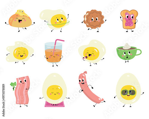 Breakfast with eggs characters. Bread and butter, bacon, cooking fried egg. Coffee and juice, sausage, toast with marmalade and cookie, nowaday vector clipart