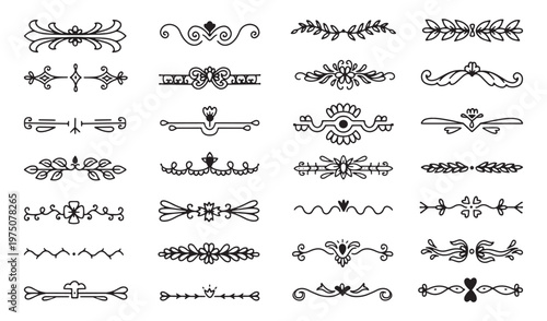 Doodle flourish text dividers. Decorative floral line ornaments with leaves. Isolated borders for creative artworks, invitations, certificates, planners, neoteric vector clipart