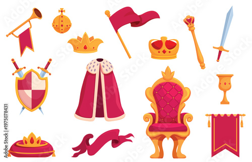 Cartoon monarchy symbols. Ceremonial king mantel with fur, throne, red ribbons and golden crown with gemstones. Scepter and orb, sword, royal banner, sapid vector set