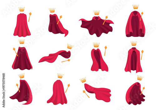 Royal cloaks. Fluttering red cape, golden crown and scepter. Monarchy symbols, elements of king or queen. Cartoon ceremonial elements, sapid vector set