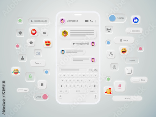 Neumorphism Messaging App UI Kit with Smartphone, Emoji, Voice Message and Link – Soft UI Chat Interface Mobile Screen Icons Buttons Vector Illustration
