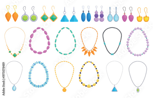Necklace and earrings. Female gemstones jewelry, decorative bijouterie with beads. Stylish luxury accessories, jewel store elements, sapid vector clipart